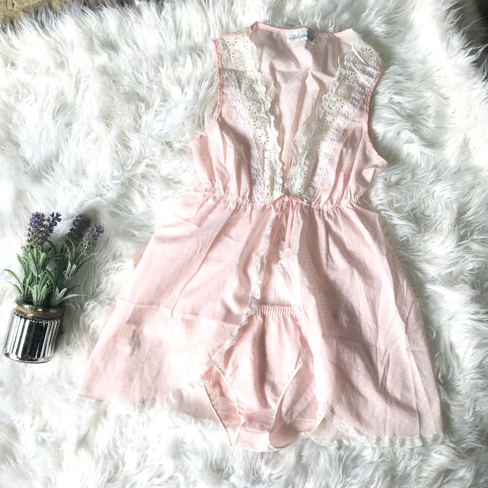 Vintage Light Pink Cotton Lace Lingerie Panty Set